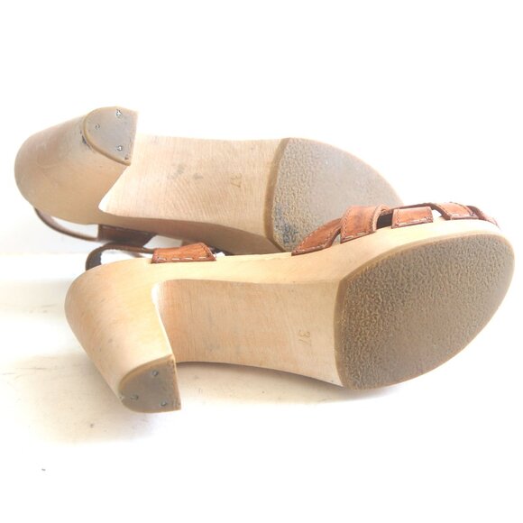 Size 7 (37) - SWEDISH HASBEENS Women's Tan Leather Peep Toe Heel Clog Sandals - Picture 7 of 7